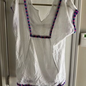 J. Crew White Blouse with Pink and Blue Trim